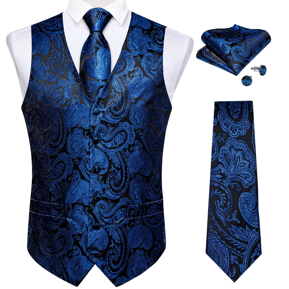 Men's Paisley Waistcoat Set – Single Breasted Formal Vest with Necktie and Pocket Square for Weddings and Business Events