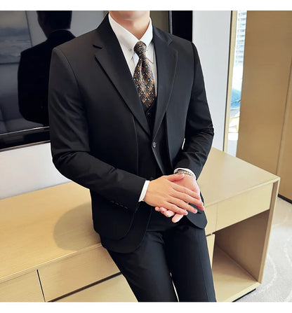 British Style Fake Two-piece Suit Set Men's Wedding Groom Dress 3 Piece Set Suit Vest Trousers Slim Office Business Casual Suits