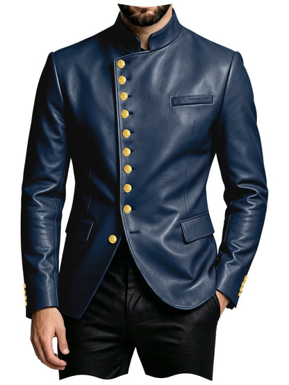 Luxury PU Men's Suit Blazer Single Breasted Stand Collar Slim Fit Leather Jacket Vintage High Quality Business Party Male Tuxedo