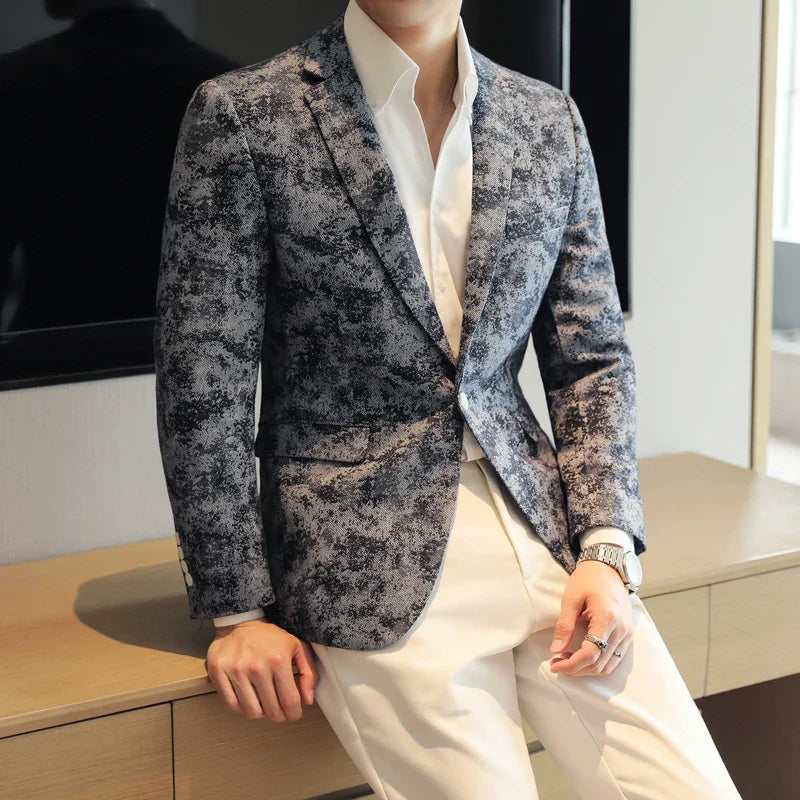 2026 Spring Denim Blue Men's Casual Suit Jacket Korean Slim Blazers Tie-dyed Business Social Jacket Banquet Party Dress Coats