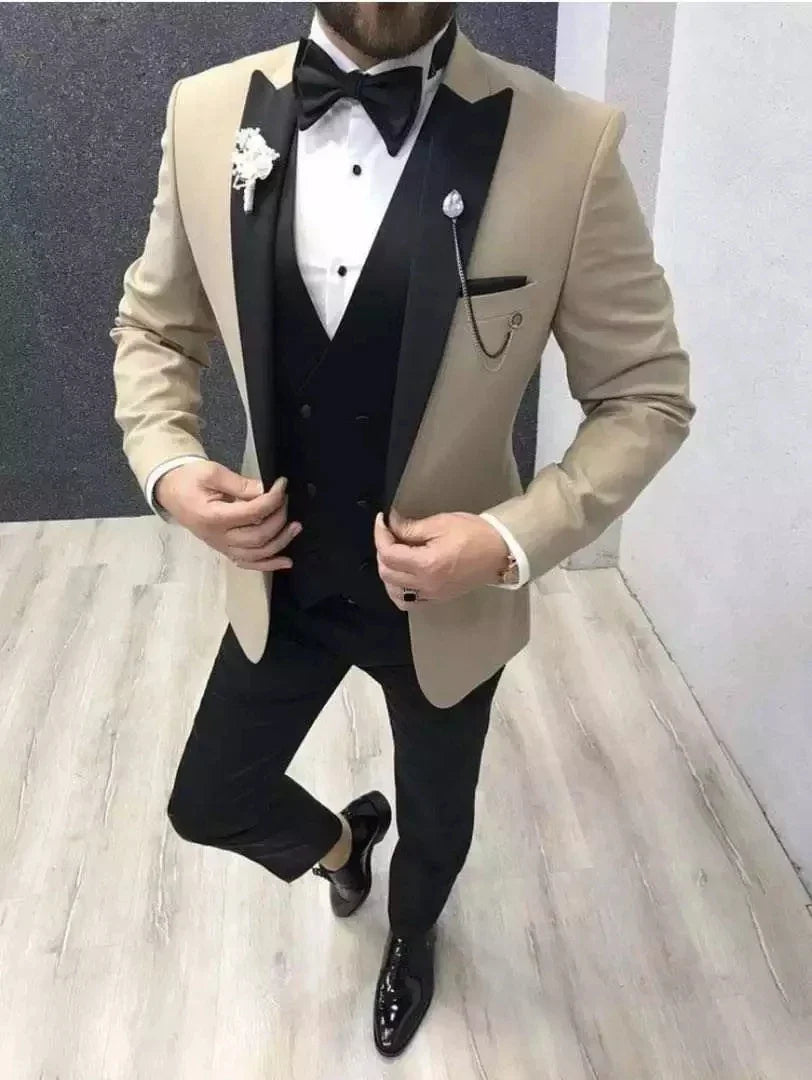 Navy Blue 3 Pieces Groom Tuxedos Groomsmen Mens Wedding Suits Prom Dress Casual Men Suits (Jacket+Pants+Vest)