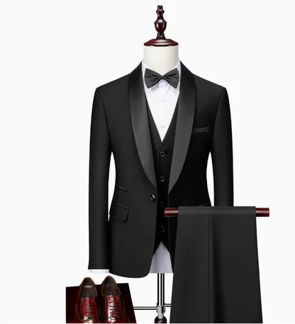 US Size Men Lapel Black Collar 3 Pcs Suit Set Coat Vest Trousers / Business Groom Wedding Dress Fprmal Blazer Pants Waistcoat