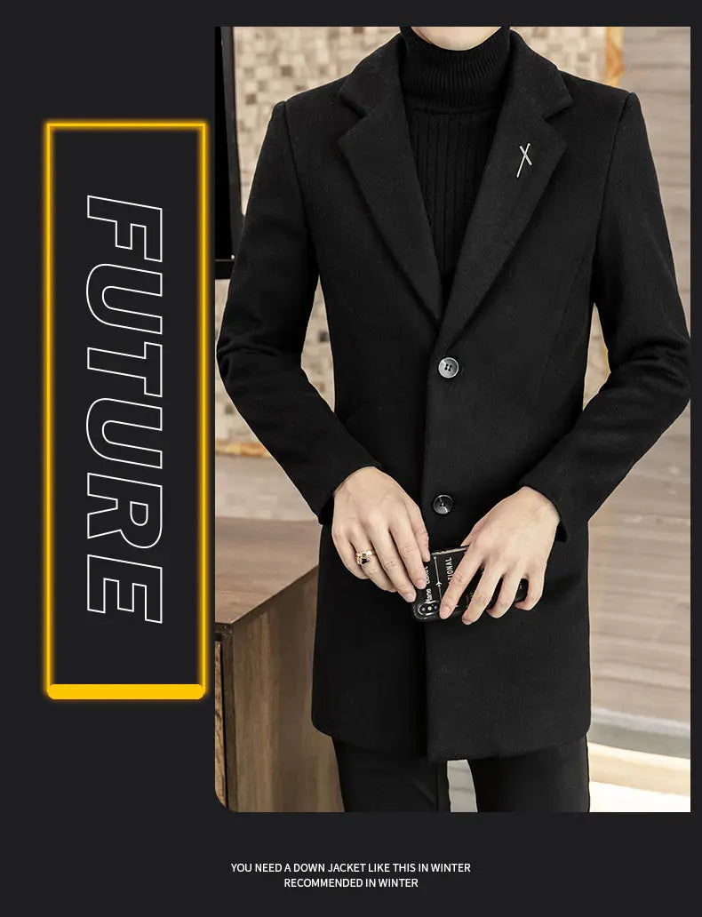High-quality men's fashionable and stylish mid-length solid color woolen and cotton thick coat for autumn and winter