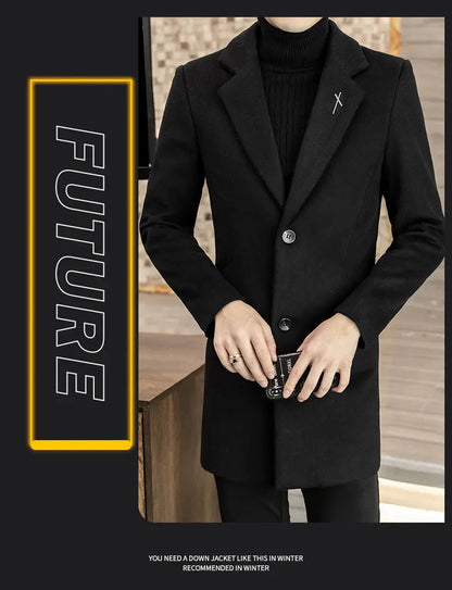 High-quality men's fashionable and stylish mid-length solid color woolen and cotton thick coat for autumn and winter