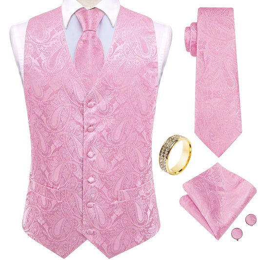 Men's Paisley Vest 5-In-1 Set with Tie, Pocket Square, Cufflinks & Ring – Soft Pink Wedding Waistcoat