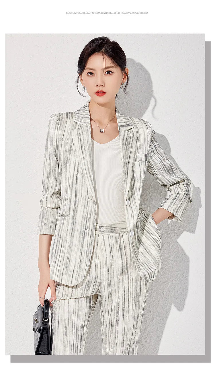Fashion Women Striped Pants Suit New Spring Business Formal Slim Long Sleeve Thin Blazer and Trousers Office Ladies Work Wear