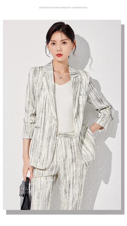 Fashion Women Striped Pants Suit New Spring Business Formal Slim Long Sleeve Thin Blazer and Trousers Office Ladies Work Wear