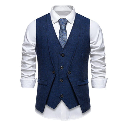 Men's Triple-Breasted Herringbone Tweed Vest – Retro Fake Two-Piece Waistcoat for Weddings & Smart-Casual Occasions