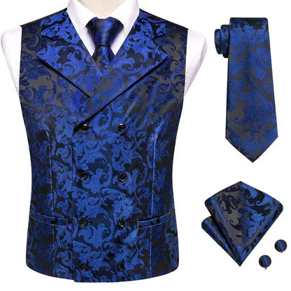Men's Double Breasted Vest Set – Floral Jacquard Waistcoat with Tie, Pocket Square & Cufflinks for Weddings & Formal Events