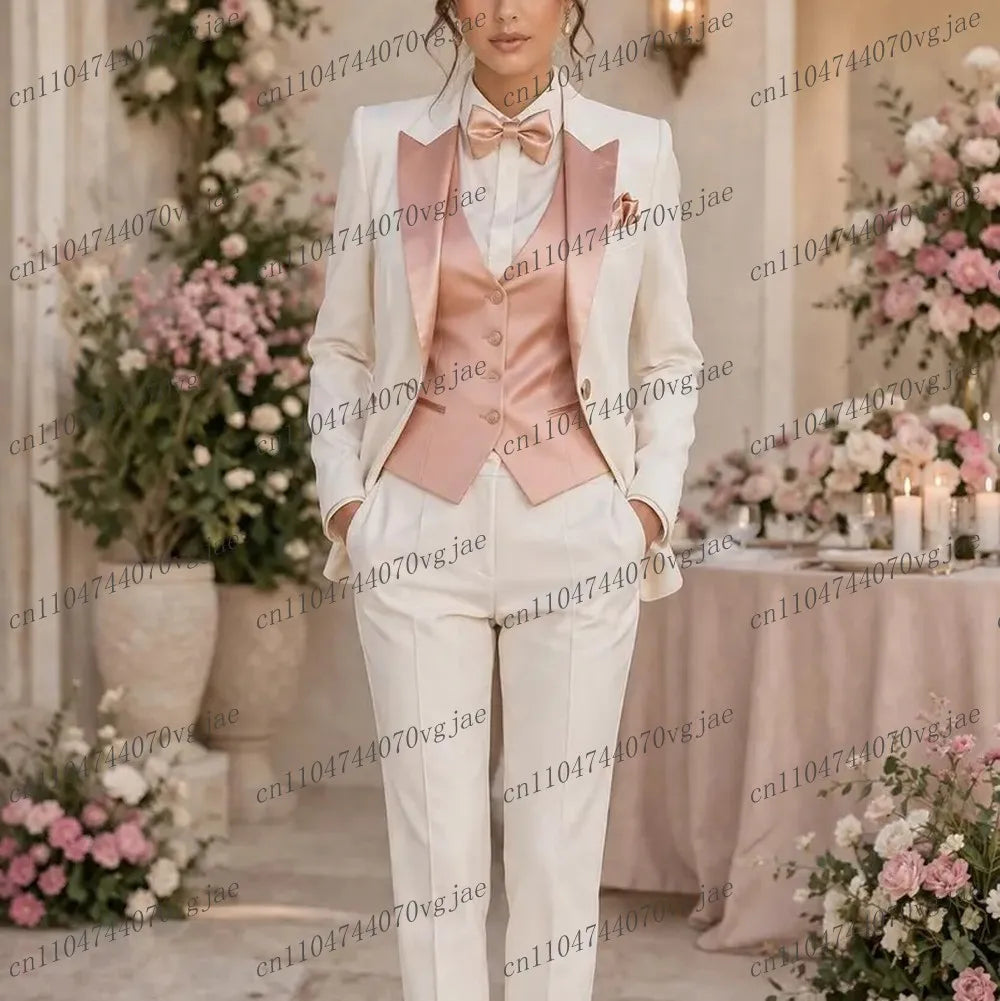 Pink And White Formal Business Women Suit Wedding Party Prom Ladies Mother Girl Tuxedos Costume 3 Piece Set Blazer Vest Pants