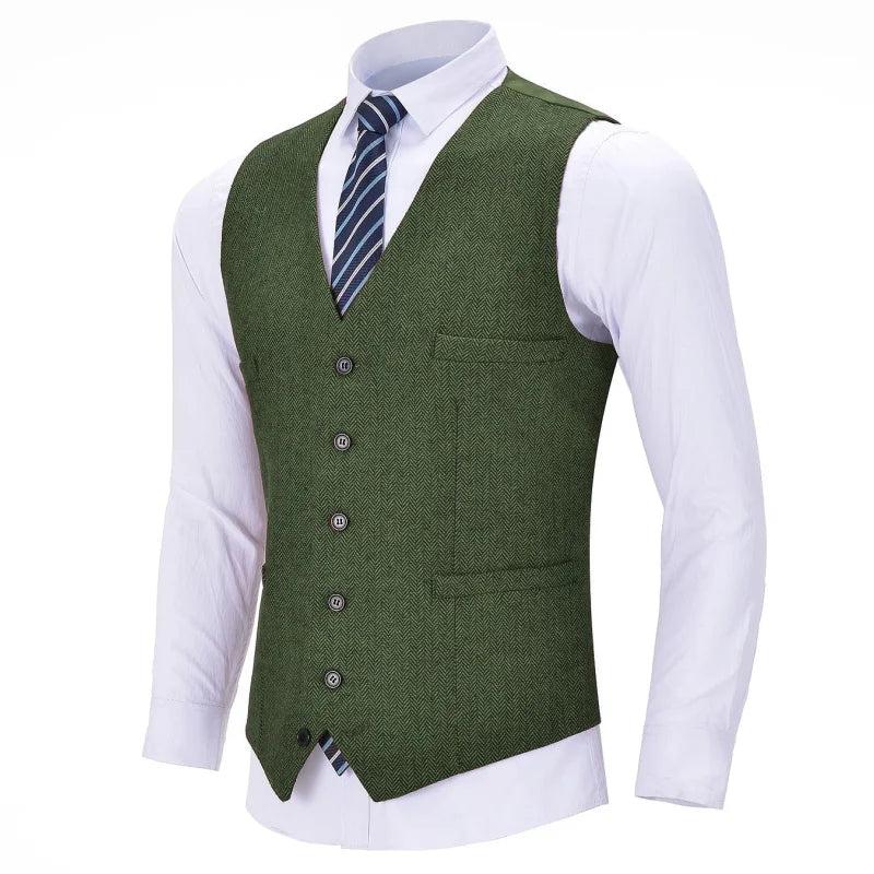 Men's Herringbone Vest Single Breasted Formal Waistcoat for Weddings and Business