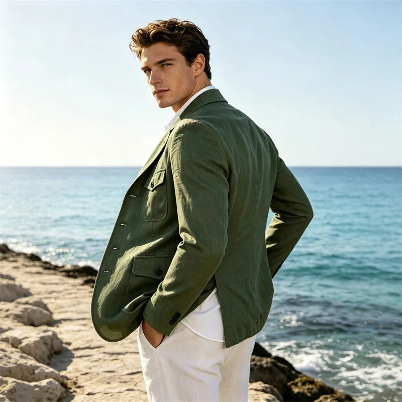 Men's Linen Safari Blazer Four Flap Pockets Slim Soft Jacket Casual Business Coat For Street Outdoor Vacation Party Daily Travel