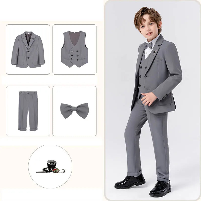 Gentleman Kids Slim 4Pieces/Set Jacket Vest Pants Bowtie Party Dress Children Ceremony Photograph Suit Boys Performance Costume