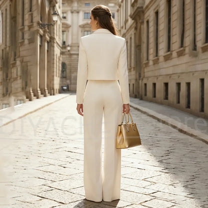 Women Short Blazer Suit 2 Piece Chic Peak Lapel Long Sleeve Jacket with Wide Trousers Set Daily Work Lady Fashion Outfit