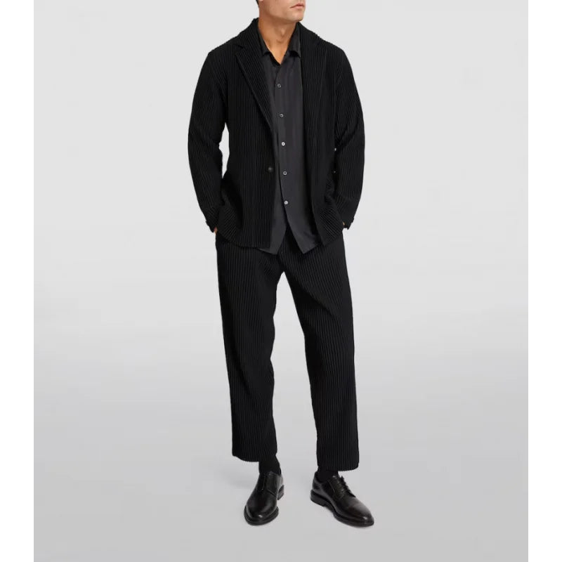Men's Miyake Pleated Style Blazer Jacket Japanese Casual Stretch Slim Fit Business Office Fashion Luxury Wrinkle Resistant Coat