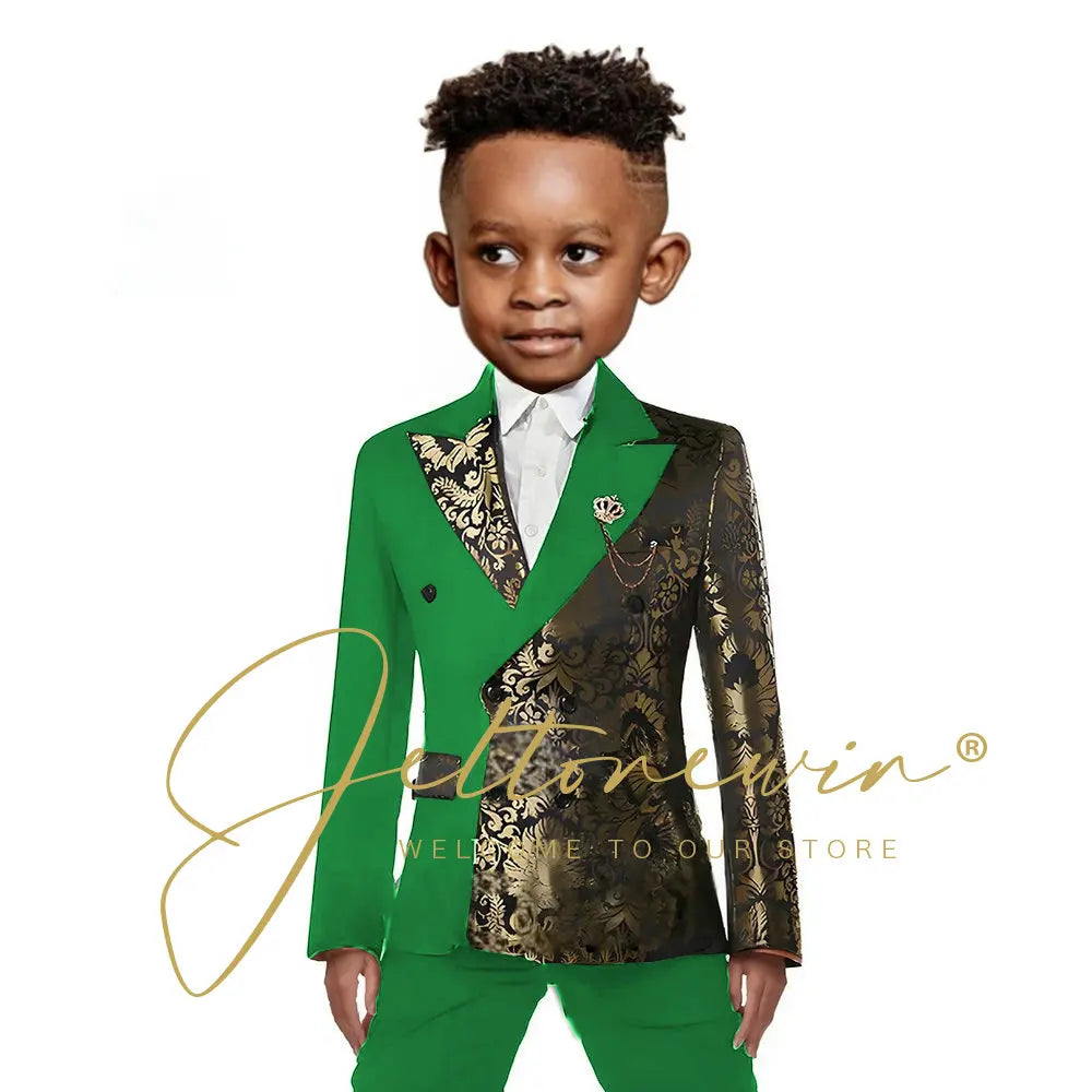 Black And Gold Floral Wedding Boys Suit Double Breasted Formal Kids Blazer Set Party Dress Child Tuxedo Jacket Pants 2 Piece Set