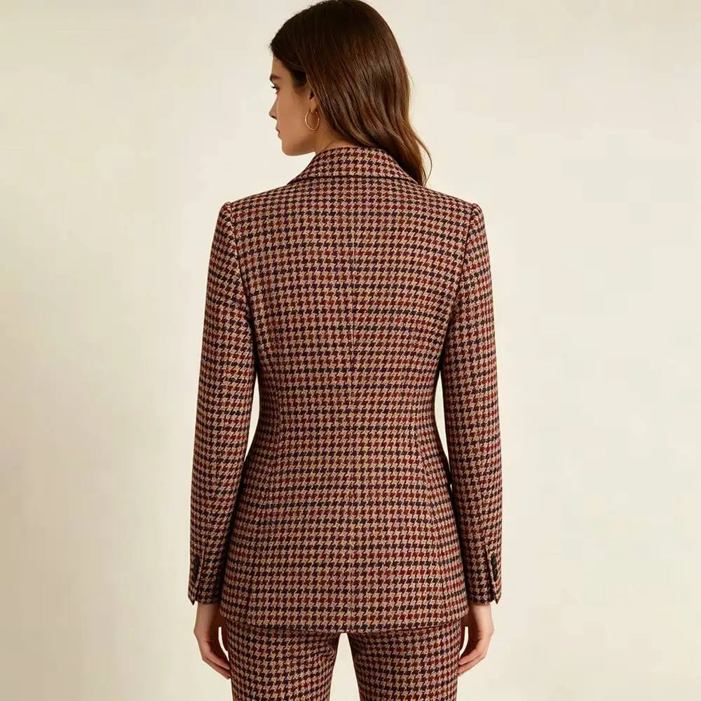 Luxury Vintage 2 Piece Suits High Quality Women's Houndstooth Double Breasted Peak Lapel Blazer Fashin Customzied Jacket Pants