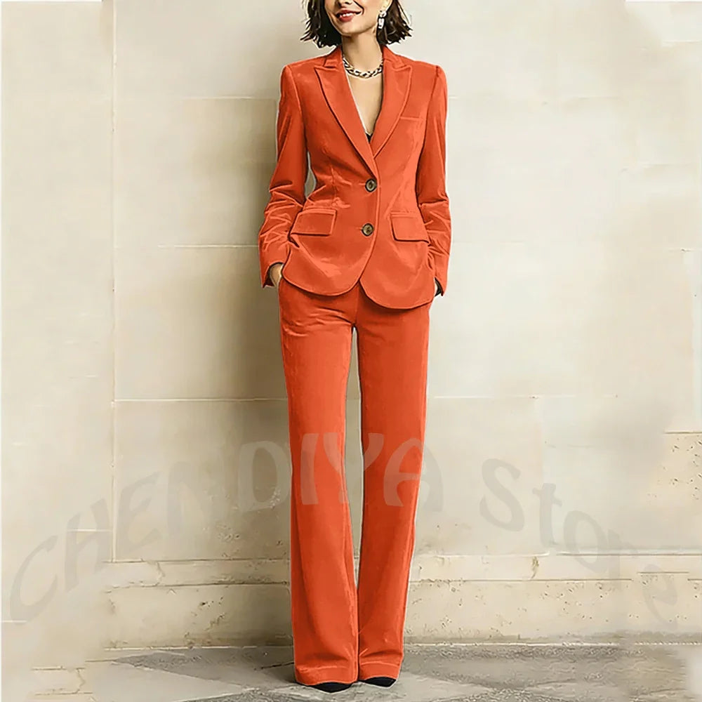 Purple Velvet Women Suit Two Pieces Classic Peaked Lapel Straight Outfit Single Breasted Tailored Elegant Lady Set Jacket Pants