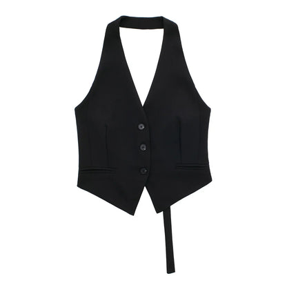 Halter Formal Vests Woman Off Shoulder Women's Suit Vest Backless Black White Short Vest Casual Cropped Sleeveless Vest