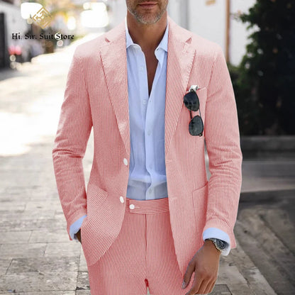Men's Slim Fit Seersucker 2-Piece Suit Set – Blue Striped Smart Casual & Wedding