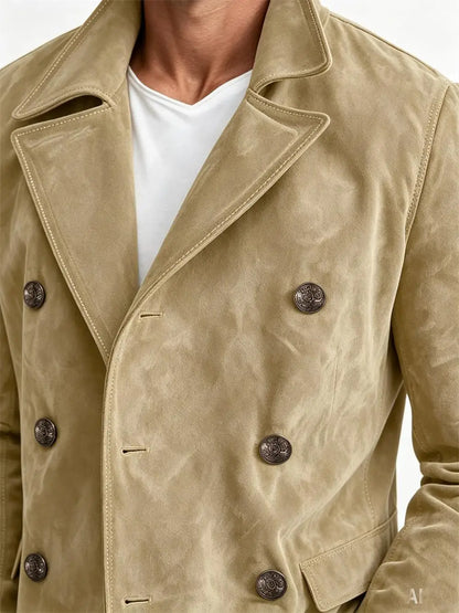 Men Faux Suede Jacket Double Breasted Lapel Collar Casual Blazer Vintage Comfort Business Office Autumn Winter Fashion Male Coat