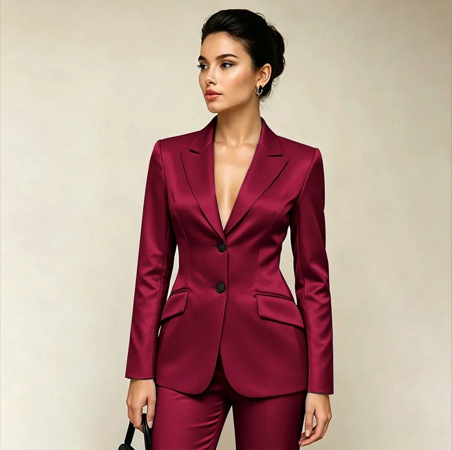 Professional Women’s Black Satin Suit Two Piece (Jacket+Pants) Set for Elegant Formal Party Office Streetwear Fashion Outfit