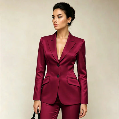 Professional Women’s Black Satin Suit Two Piece (Jacket+Pants) Set for Elegant Formal Party Office Streetwear Fashion Outfit