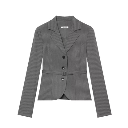 Elegant Women's Striped Blazer With Belt 2026 Spring Autumn Lapel Long Sleeves Single Breasted Slim Trendy Office Lady Suit