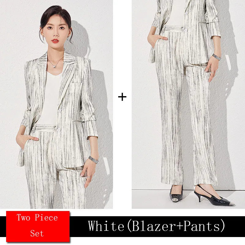 Fashion Women Striped Pants Suit New Spring Business Formal Slim Long Sleeve Thin Blazer and Trousers Office Ladies Work Wear