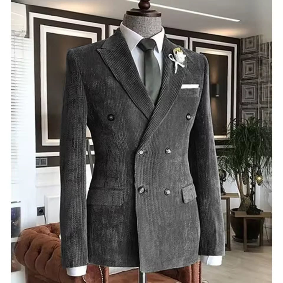 Men's Corduroy Suit 2 Piece – Double Breasted Slim Fit Blazer and Pants for Wedding, Business, and Formal Events