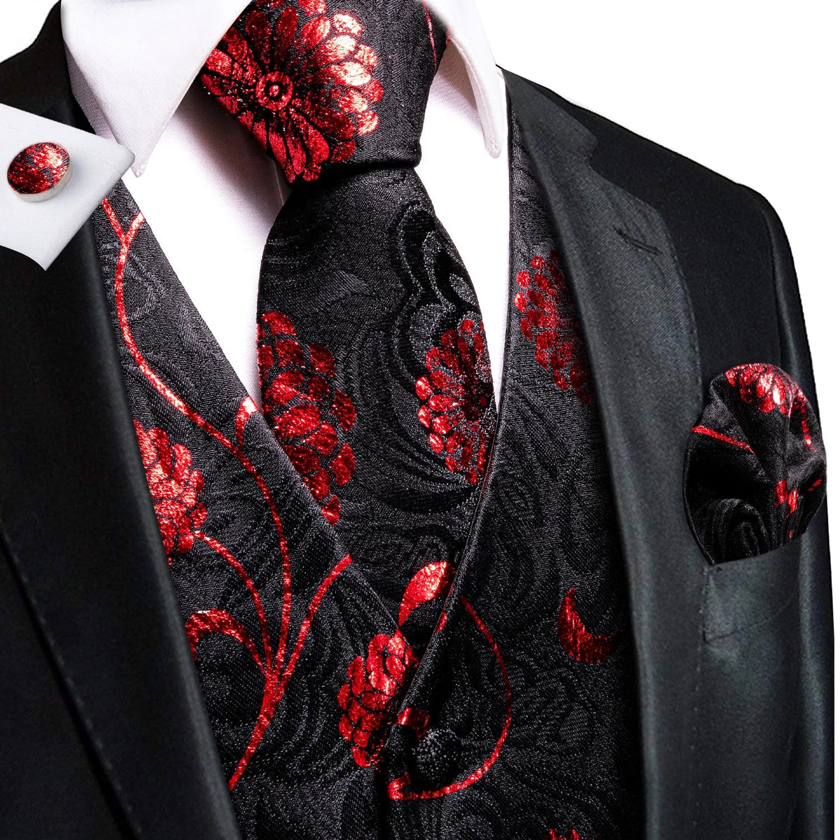 Men's Waistcoat Suit Set with Jacquard Floral Vest, Tie, Hanky & Cufflinks for Wedding and Business