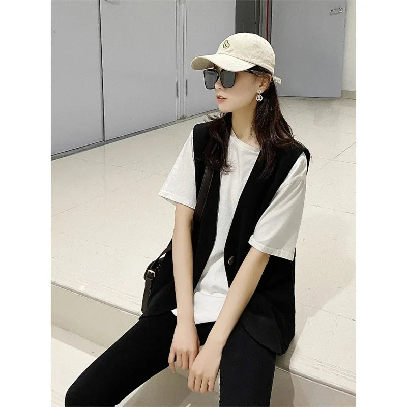 Feminine V-neck Blazer Waistcoat Tops Coat Korean Women Fashion Leisure Suit Vest Outerwear Spring Autumn Ladies Solid Color Sle