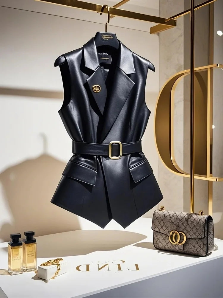 2025 British Style Black Blazers Vest Jackets Temperament Women Sleeveless Notched Vest Coats Fashion Streetwear Elegant Clothes