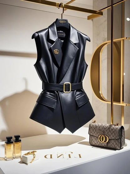 2025 British Style Black Blazers Vest Jackets Temperament Women Sleeveless Notched Vest Coats Fashion Streetwear Elegant Clothes