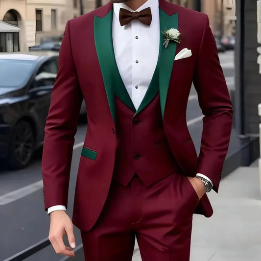 Solid Color Men's Fashion 3-Piece Tuxedo Set with Peak Lapel Blazer Vest Pants for Wedding Business Formal Groom Tuxedos