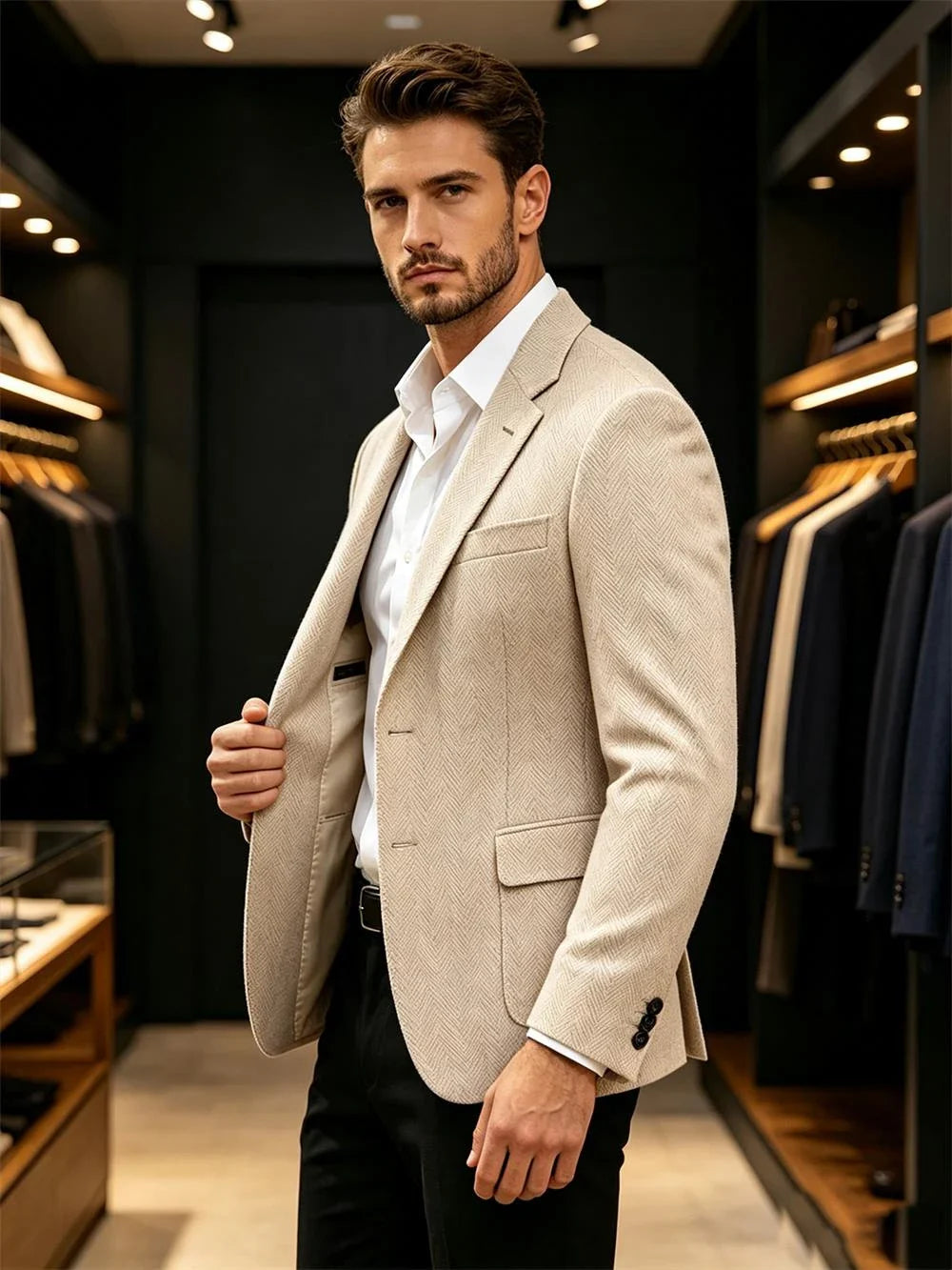 British Men's Blazer Vintage Herringbone Tweed Slim Fit Suit Jacket Wool Blend Formal Business Casual Sport Coat Wedding Office