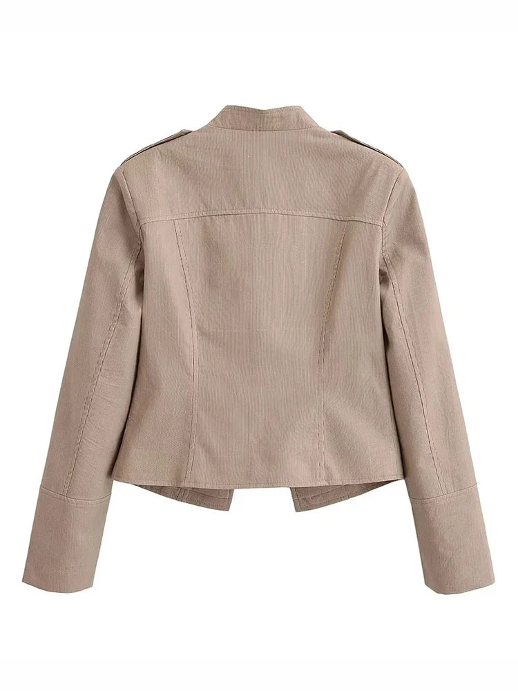Women Military Style Cropped Blazer Jacket Gold Button Slim Short Suit Coat Stand Collar Elegant Office Lady Outerwear