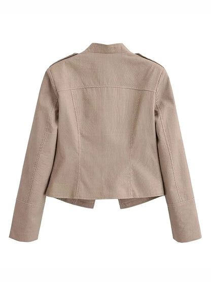 Women Military Style Cropped Blazer Jacket Gold Button Slim Short Suit Coat Stand Collar Elegant Office Lady Outerwear