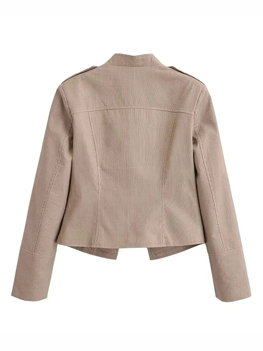 Women Military Style Cropped Blazer Jacket Gold Button Slim Short Suit Coat Stand Collar Elegant Office Lady Outerwear
