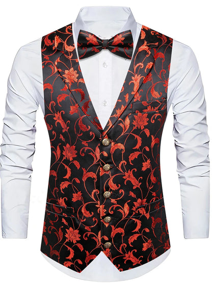 Men's Red Jacquard Floral Vest Notched Lapel Collar – Formal Waistcoat & Bowtie Set