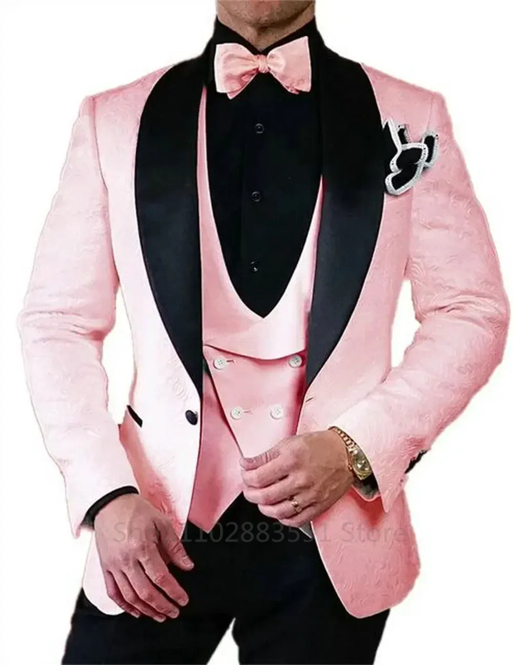 Black Jacquard Wedding  Party Tuxedo For Groom Wedding Shawl Lapel 3 Pieces Slim Fit Mens Suits Male Waistcoat Vest Pants