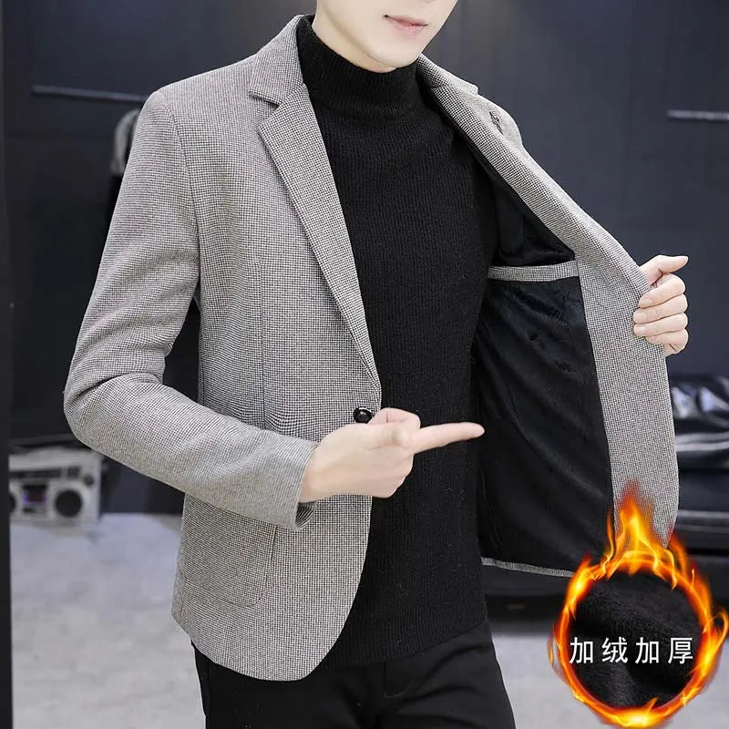 Blazer: An Outdoor Fashion Business Gentleman Pure Color Wedding Host Slim-fit Casual Korean-style Versatile Men Fleece Blazer