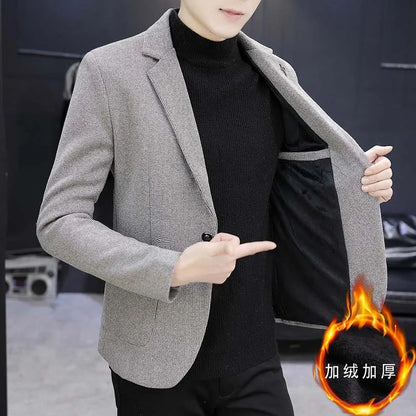 Blazer: An Outdoor Fashion Business Gentleman Pure Color Wedding Host Slim-fit Casual Korean-style Versatile Men Fleece Blazer