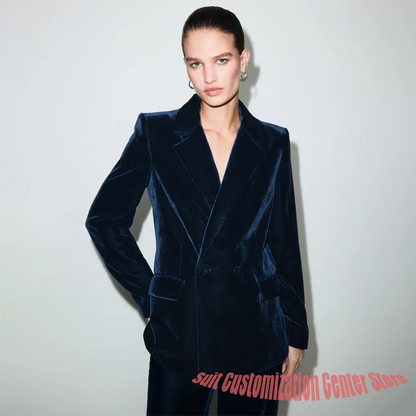Luxury Navy Blue Velvet Women's Suit Two Piece(Jacket+Pants) Set Double-Breasted Notch Lapel Blazer Elegant Formal Evening Wear