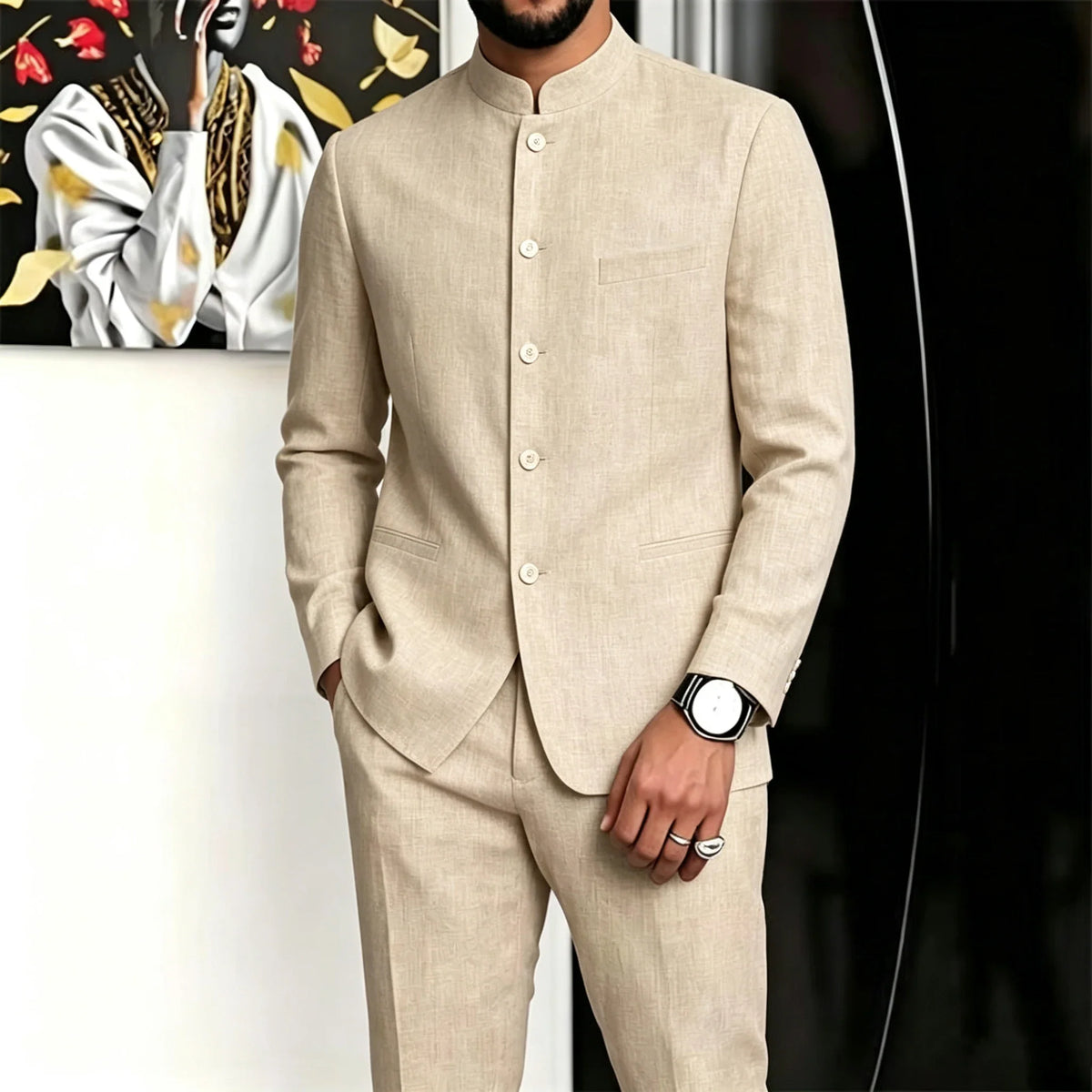 Chinese Suit for Men 2 Piece Suits Slim Fit Chinese Tunic Suits Stand Collar Weddig Prom Suit Blazer Pants Set Outfit