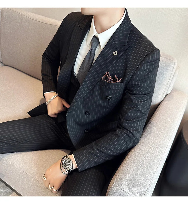 (Jacket + Vest + Pants)Three Piece Set Men Blazers Set stripe Suits Busines Casual Slim Fit Formal Dress Groom Tuxedo Wedding