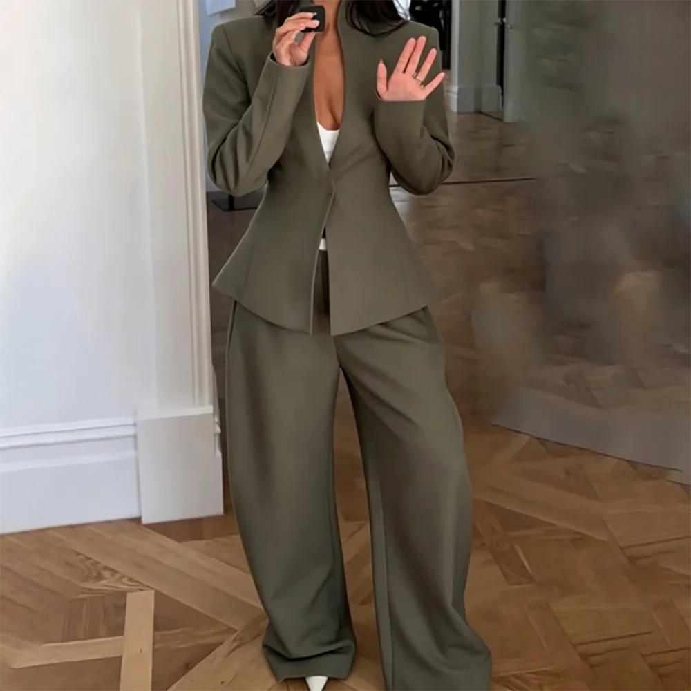 Women Dark Olive Hidden Button Suit Stand Collar Deep V Blazer Pants Full Set Formal Business Wedding Guest Two Piece Outfit