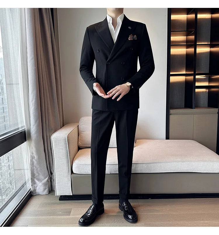 (Blazer + Trousers) Fashion Double Breasted Design Slim Men's Suit Italian Style Luxury Wedding Social Party Tuxedo 2 Piece Set