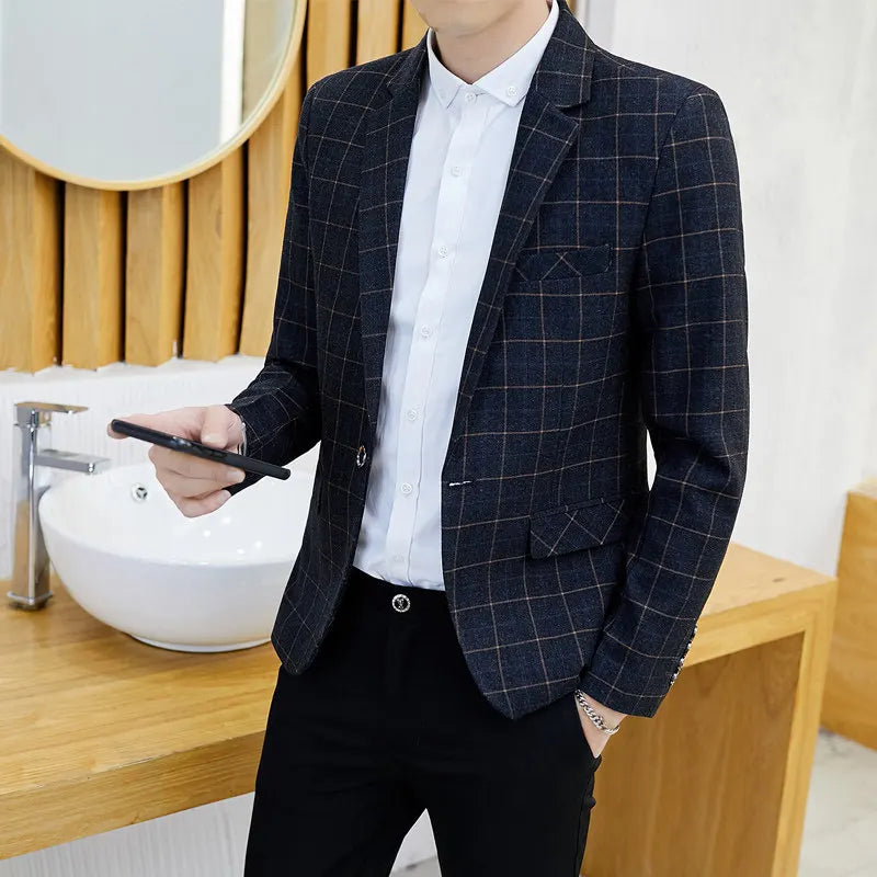 Men's Plaid Smart Casual Blazer Slim Fit Single Button Suit Jacket for Wedding & Business