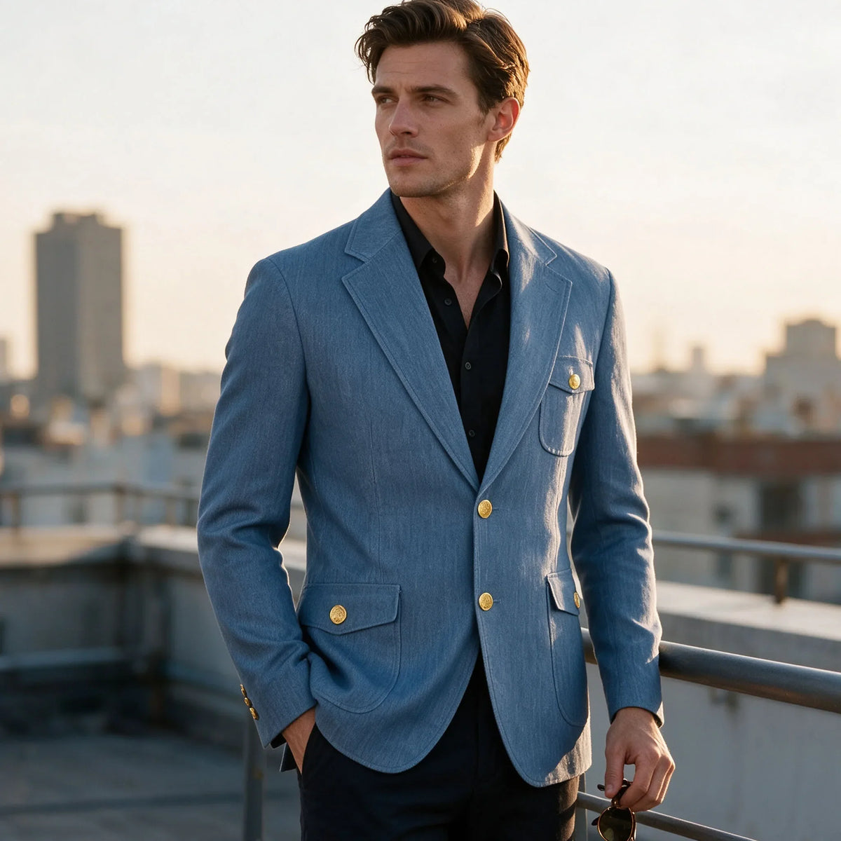 Men's Denim Suit Jacket Classic Notched Lapel Slim Fit Gold Buttons Multiple Pockets Formal Blazer Business Casual Daily Wear